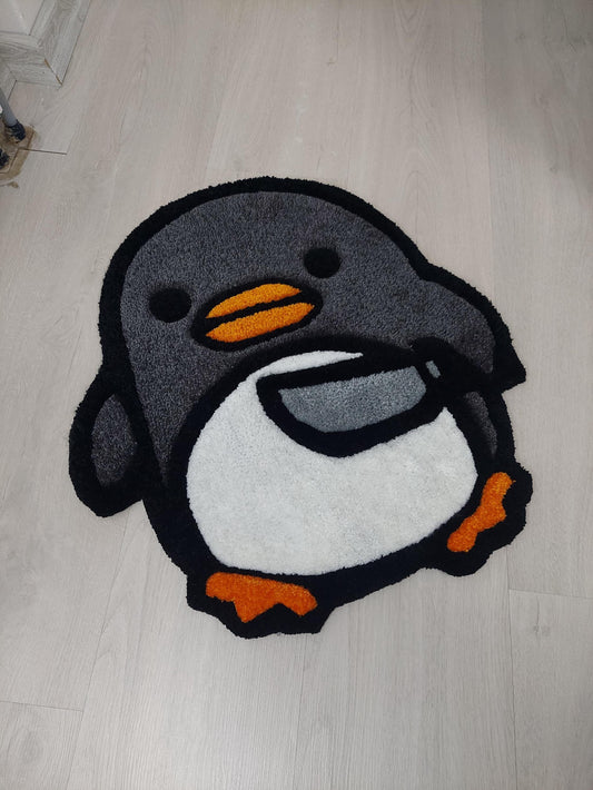 Cute Tufted Penguin Rug with Knife Design – Fun and Unique Handmade Floor Mat, Cartoon Penguin Bath Mat, Funny Kawaii Decor