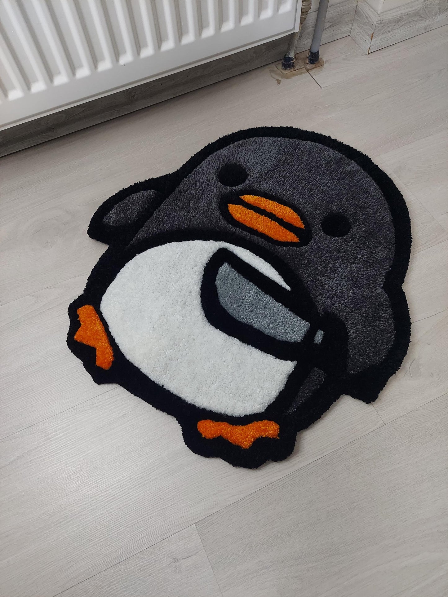 Cute Tufted Penguin Rug with Knife Design – Fun and Unique Handmade Floor Mat, Cartoon Penguin Bath Mat, Funny Kawaii Decor