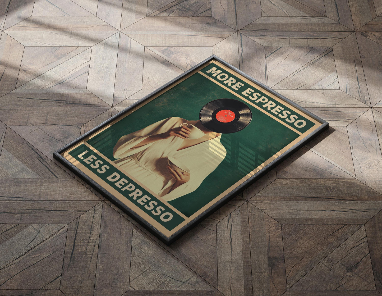 More Espresso Less Depresso, Funky Kitchen Print, Coffee Prints, Retro Print, Vinyl record Poster, Music Lovers Gift, Wall Art Home Decor