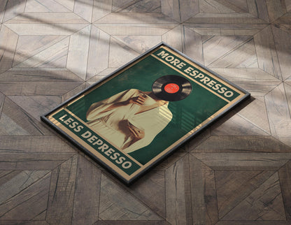 More Espresso Less Depresso, Funky Kitchen Print, Coffee Prints, Retro Print, Vinyl record Poster, Music Lovers Gift, Wall Art Home Decor