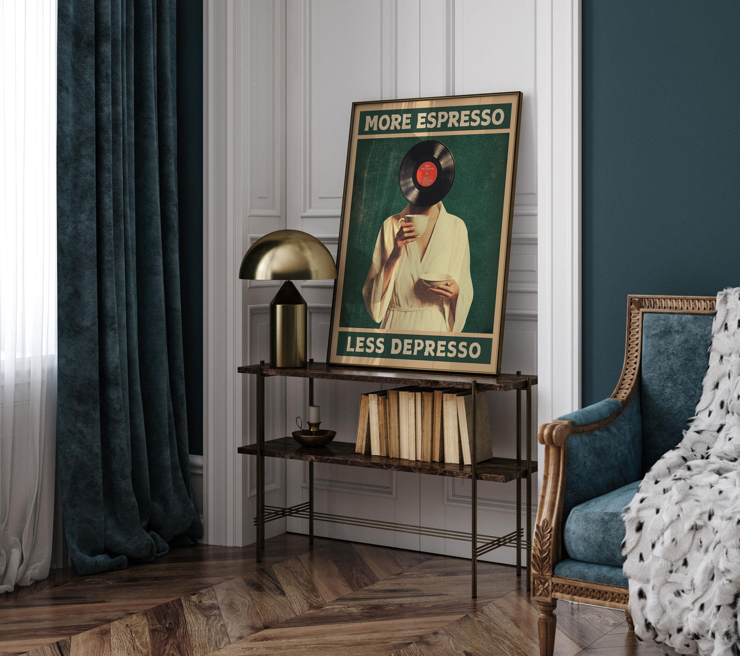 More Espresso Less Depresso, Funky Kitchen Print, Coffee Prints, Retro Print, Vinyl record Poster, Music Lovers Gift, Wall Art Home Decor