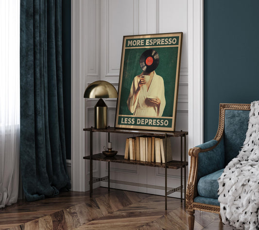 More Espresso Less Depresso, Funky Kitchen Print, Coffee Prints, Retro Print, Vinyl record Poster, Music Lovers Gift, Wall Art Home Decor