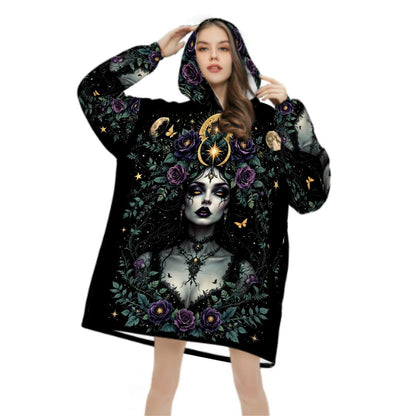 Gothic Goddess Blanket Hoodie, Medusa Black Witchy Black Wildflower Hooded Jumper, Long Sleeve Fashion Loungewear for Women