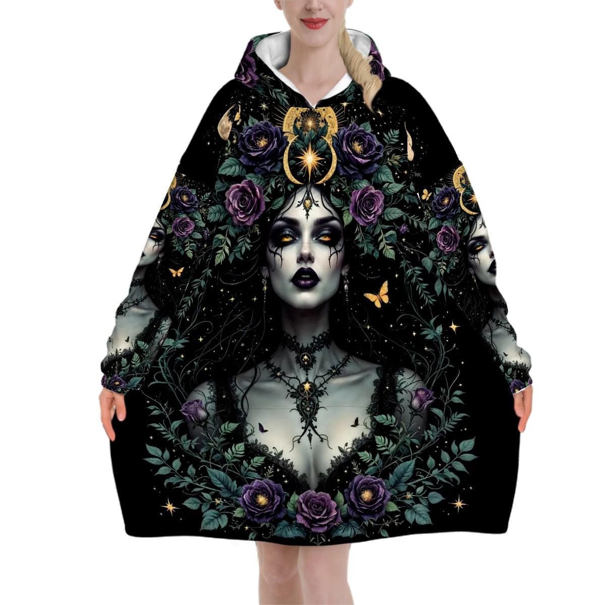 Gothic Goddess Blanket Hoodie, Medusa Black Witchy Black Wildflower Hooded Jumper, Long Sleeve Fashion Loungewear for Women