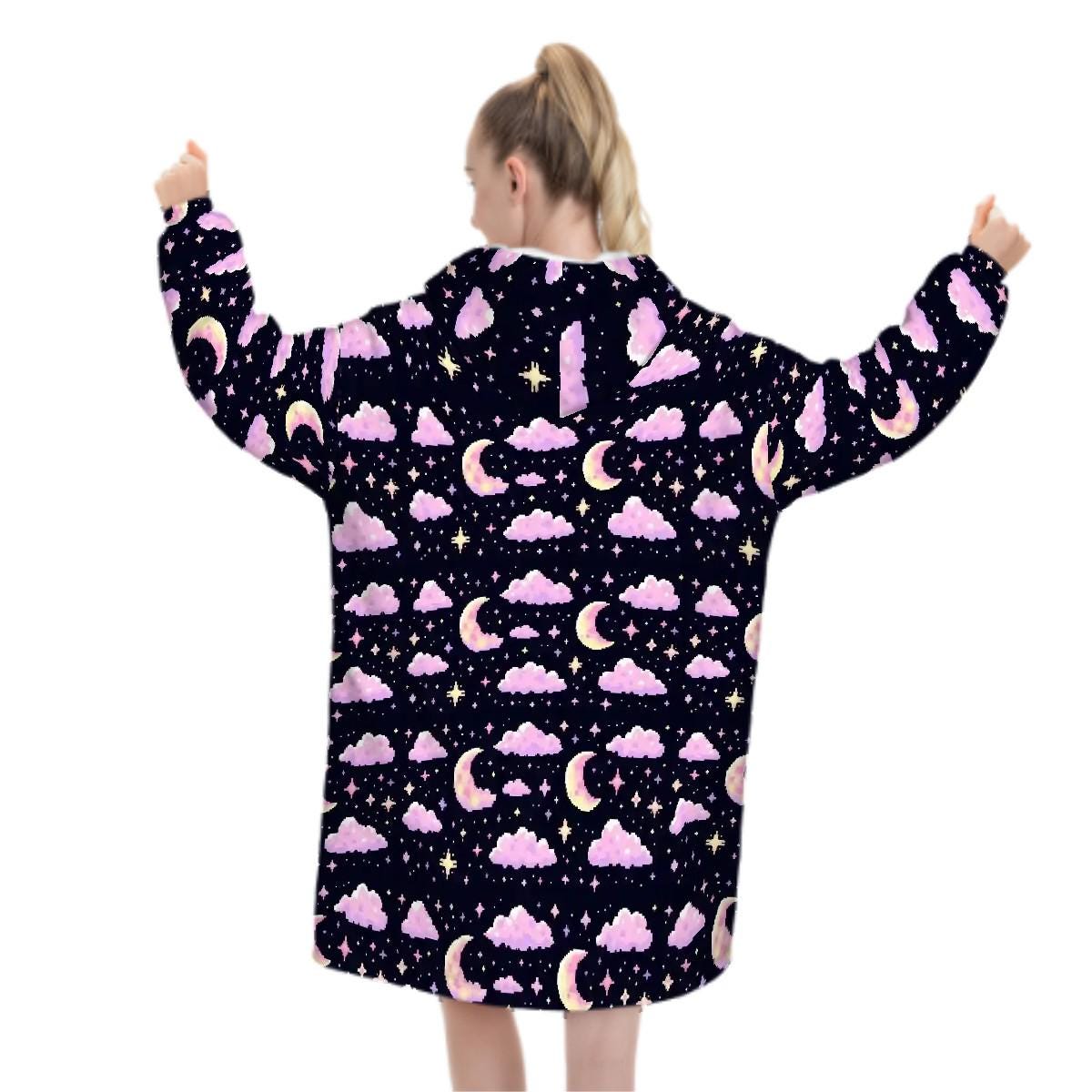 Pixel Art Pink Purple Moon Blanket Hoodie, Retro Kawaii Anime Gamer Hooded Jumper, Cute Long Sleeve Fashion Loungewear for Women