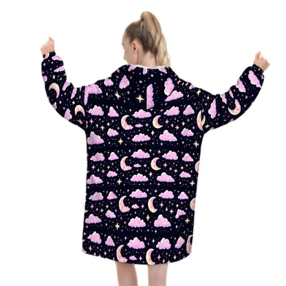 Pixel Art Pink Purple Moon Blanket Hoodie, Retro Kawaii Anime Gamer Hooded Jumper, Cute Long Sleeve Fashion Loungewear for Women
