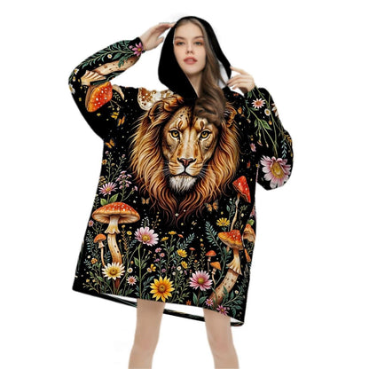 Mystic Lion Wildflower Blanket Hoodie, Mushroom Black Witchy Black Wildflower Hooded Jumper, Hippie Boho Long Sleeve Fashion Loungewear