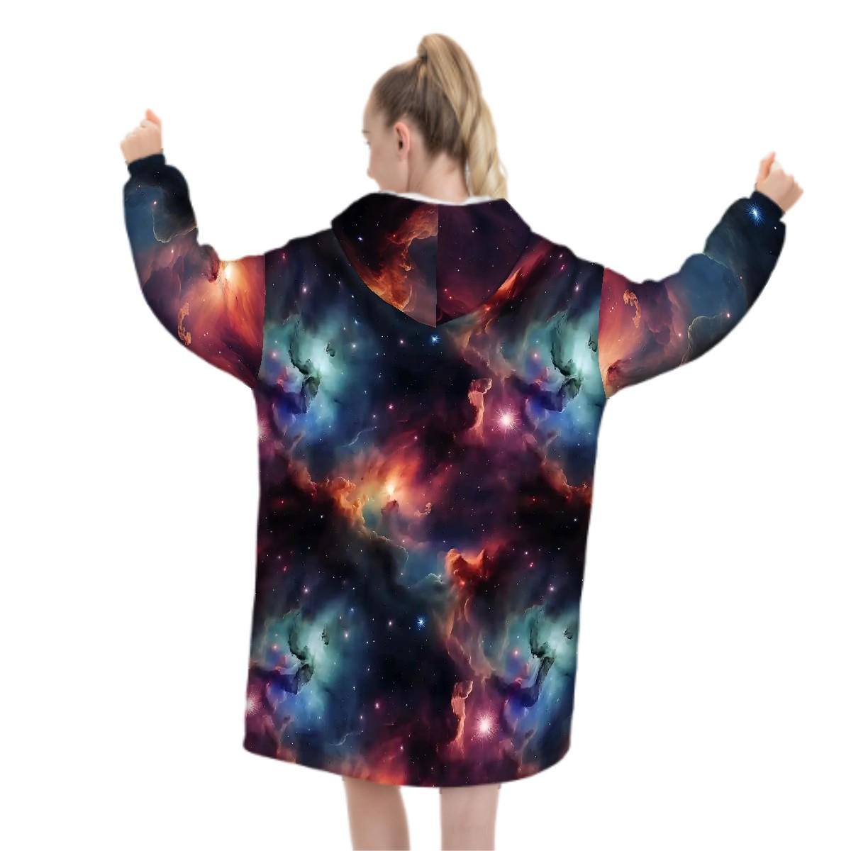 Rainbow Nebula Galaxy Blanket Hoodie, Retro Space Gamer Hooded Jumper, Cute Long Sleeve Fashion Loungewear for Women