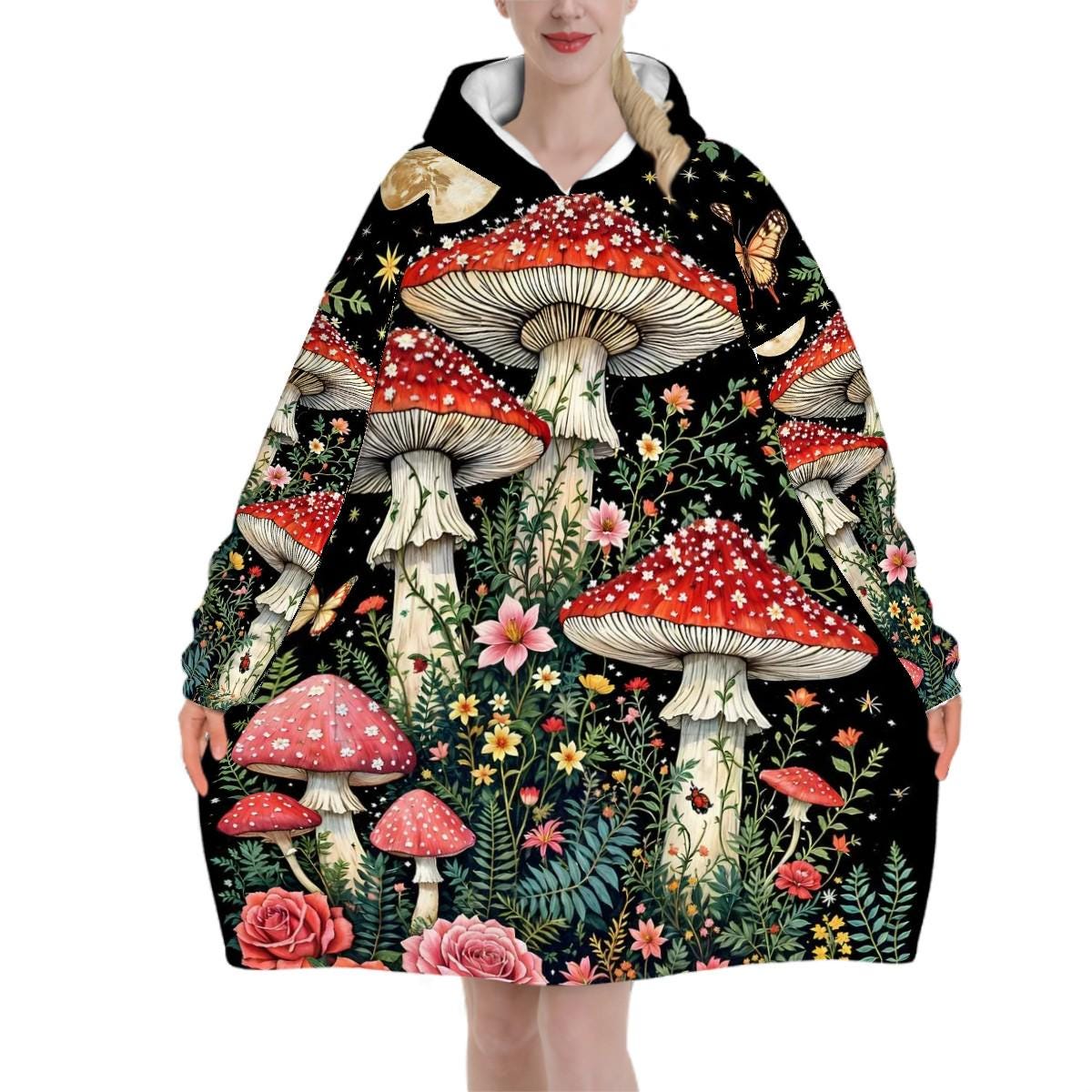 Mushroom Wildflower Art Blanket Hoodie, Mystical Fantasy Witchy Black Wildflower Hooded Jumper, Hippie Boho Long Sleeve Fashion Loungewear
