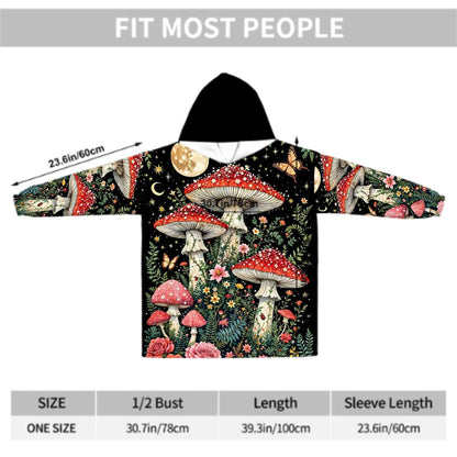 Mushroom Wildflower Art Blanket Hoodie, Mystical Fantasy Witchy Black Wildflower Hooded Jumper, Hippie Boho Long Sleeve Fashion Loungewear