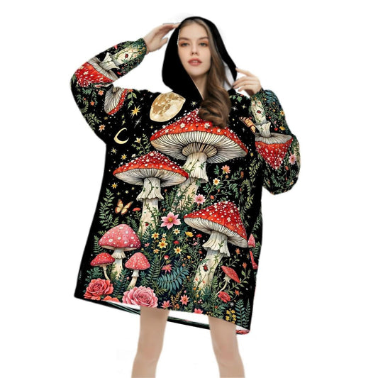 Mushroom Wildflower Art Blanket Hoodie, Mystical Fantasy Witchy Black Wildflower Hooded Jumper, Hippie Boho Long Sleeve Fashion Loungewear
