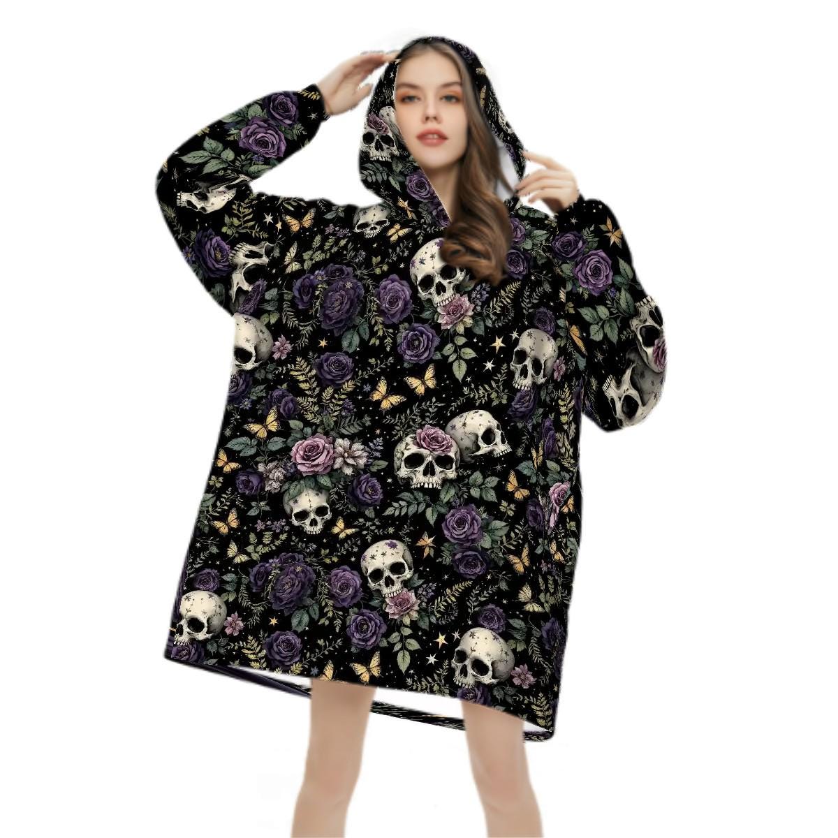 Purple Rose Skulls Blanket Hoodie, Black Witchy Black Wildflower Hooded Jumper, Long Sleeve Fashion Loungewear for Women