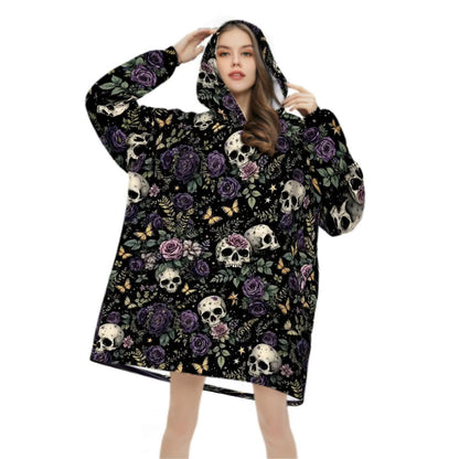 Purple Rose Skulls Blanket Hoodie, Black Witchy Black Wildflower Hooded Jumper, Long Sleeve Fashion Loungewear for Women