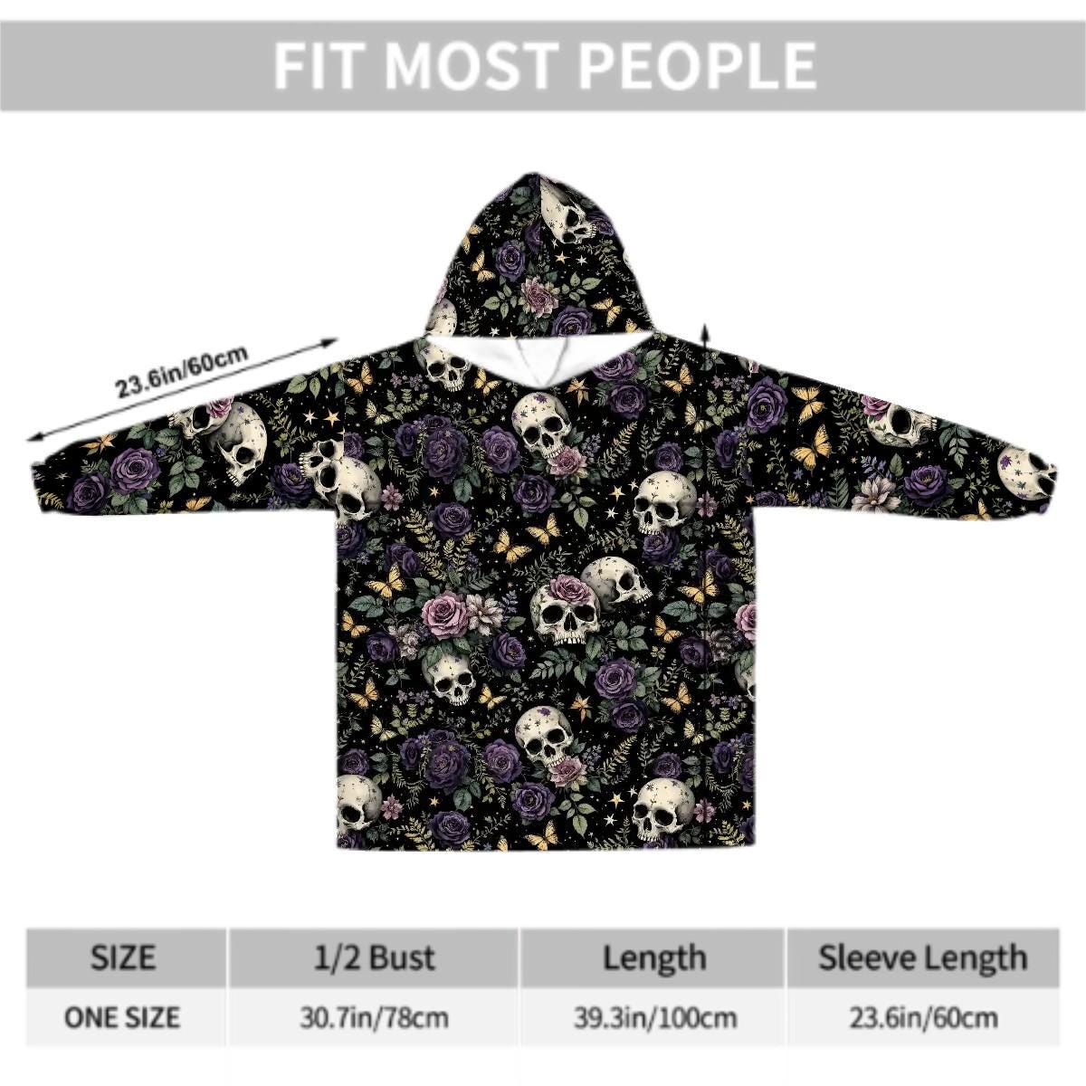 Purple Rose Skulls Blanket Hoodie, Black Witchy Black Wildflower Hooded Jumper, Long Sleeve Fashion Loungewear for Women