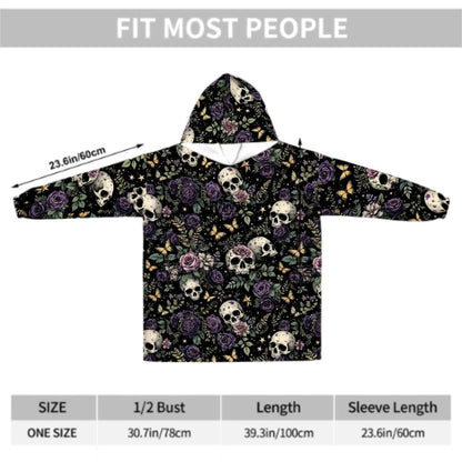 Purple Rose Skulls Blanket Hoodie, Black Witchy Black Wildflower Hooded Jumper, Long Sleeve Fashion Loungewear for Women
