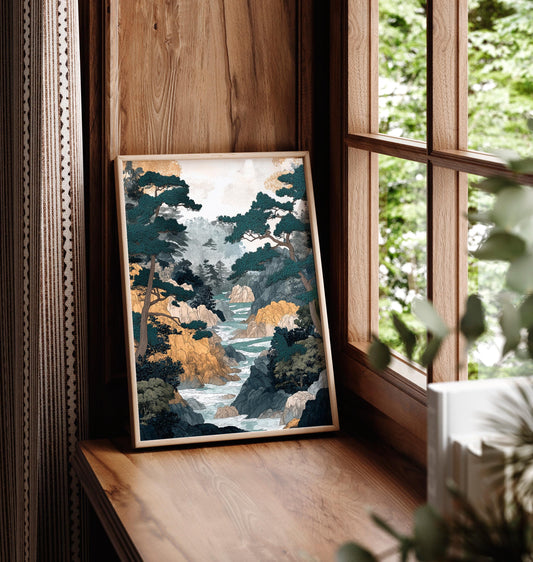 Japanese Forest River Print: Ukiyo-e Style Landscape Art