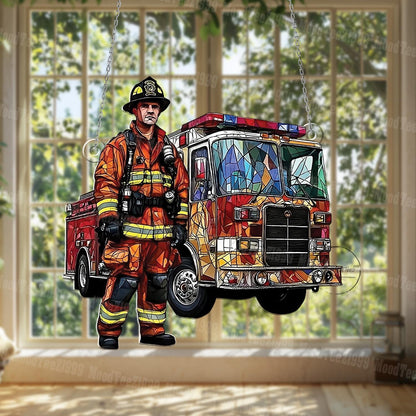 Firefighter Window Hanging, Fire Truck Art, Heroic Firefighter Decor, First Responder Window Decor, Stained Glass Style Fireman