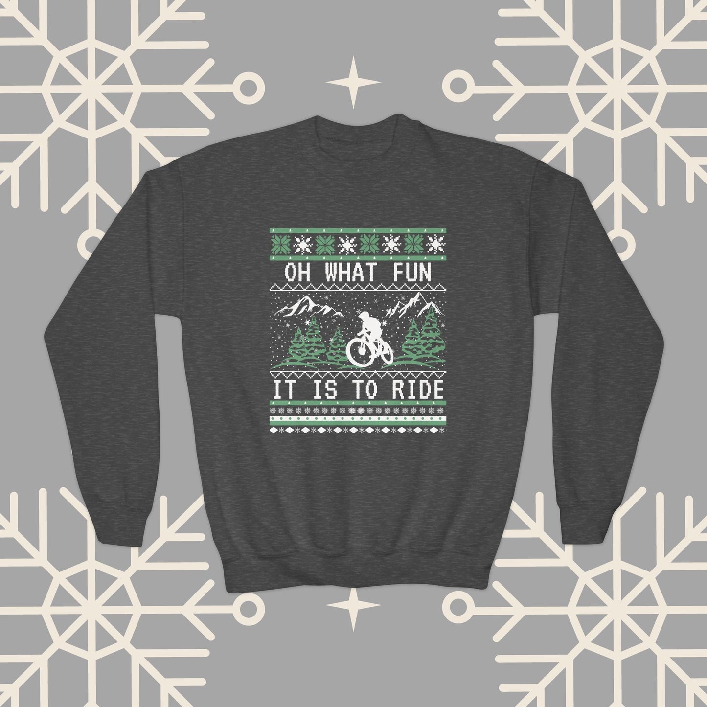 Youth Mountain Biking Christmas Sweatshirt, Biker Ugly Christmas for Kids, Holiday Cycling Crewneck, Mountain Bike Gift for Boys