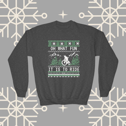 Youth Mountain Biking Christmas Sweatshirt, Biker Ugly Christmas for Kids, Holiday Cycling Crewneck, Mountain Bike Gift for Boys
