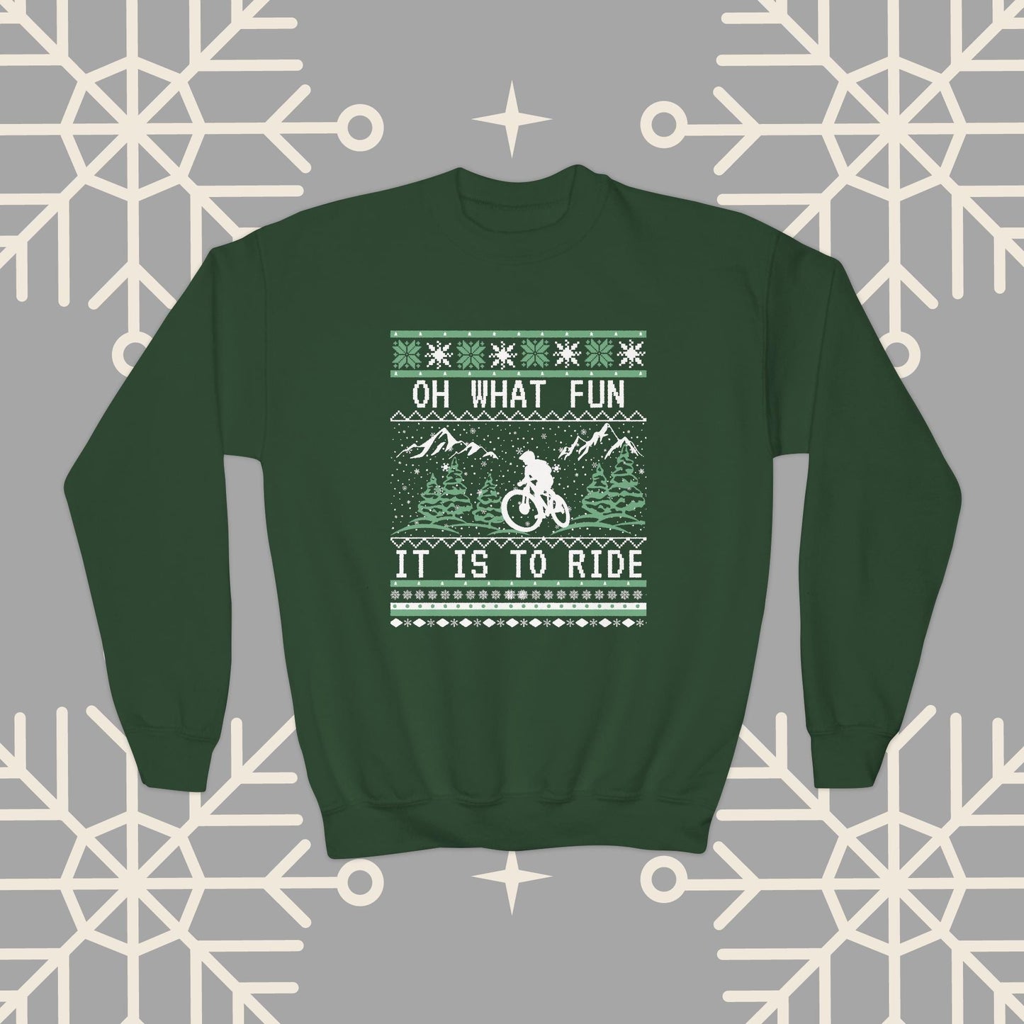 Youth Mountain Biking Christmas Sweatshirt, Biker Ugly Christmas for Kids, Holiday Cycling Crewneck, Mountain Bike Gift for Boys