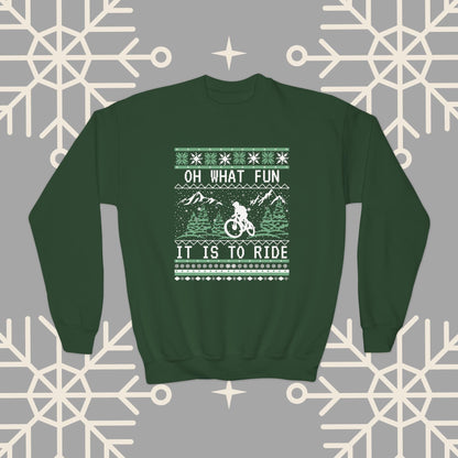 Youth Mountain Biking Christmas Sweatshirt, Biker Ugly Christmas for Kids, Holiday Cycling Crewneck, Mountain Bike Gift for Boys