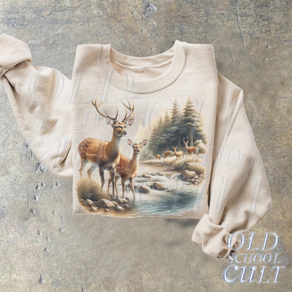 Retro Deer Wilderness 90s Sweatshirt, Nineties Vintage Buck And Doe Deer Outfit, Boho Unisex Crewneck Sweatshirt, Deer Lovers Sweater,Hoodie