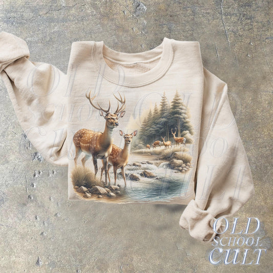 Retro Deer Wilderness 90s Sweatshirt, Nineties Vintage Buck And Doe Deer Outfit, Boho Unisex Crewneck Sweatshirt, Deer Lovers Sweater,Hoodie