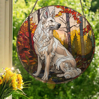 White German Shepherd: Stained Glass Style Window Hanging