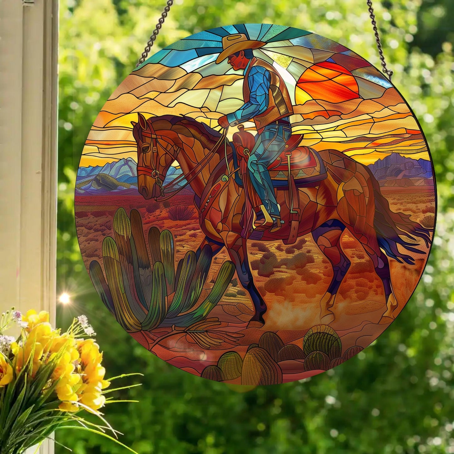 Desert Cowboy: Stained Glass Style Window Hanging