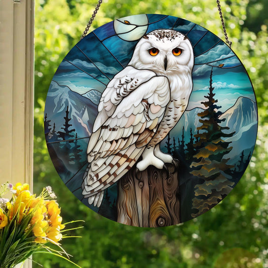Snowy Owl: Stained Glass Style Window Hanging
