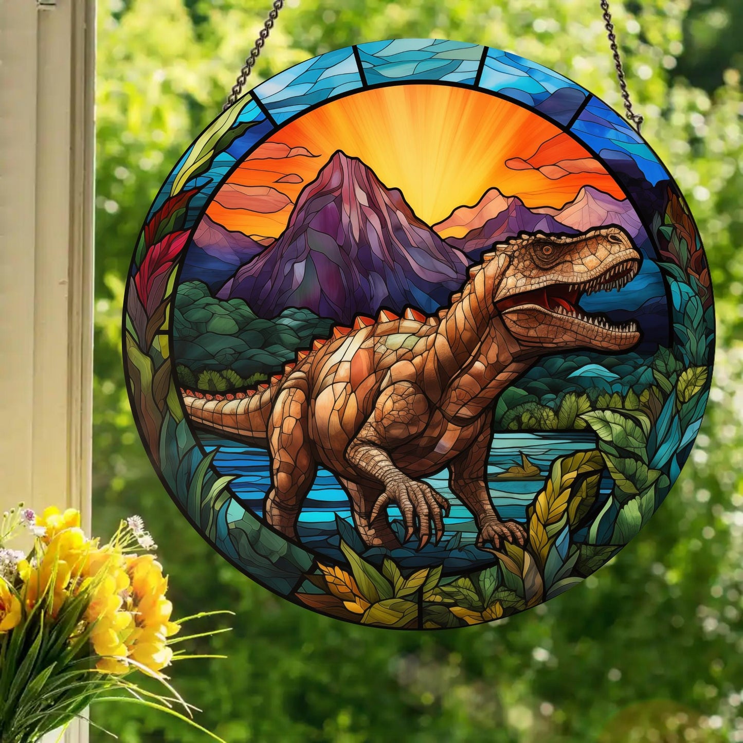 Roaring Dinosaur: Stained Glass Style Window Hanging