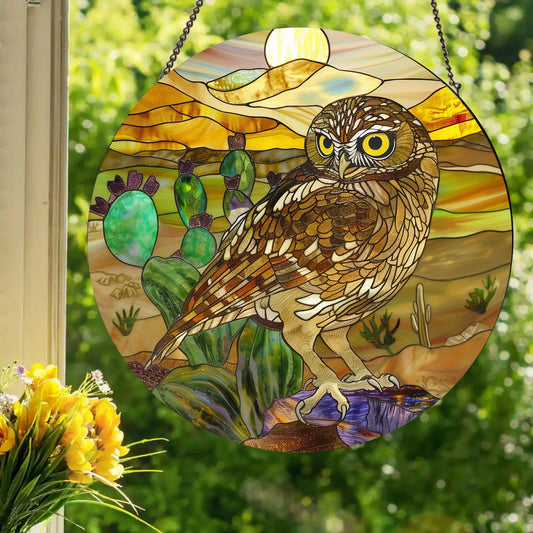 Burrowing Owl: Stained Glass Style Window Hanging