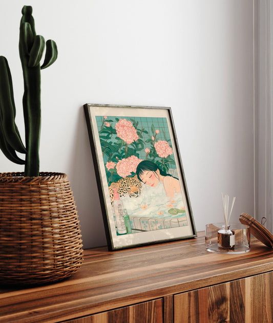Ukiyo-e Leopard Bath Art Print: Japandi Bathroom Wall Decor