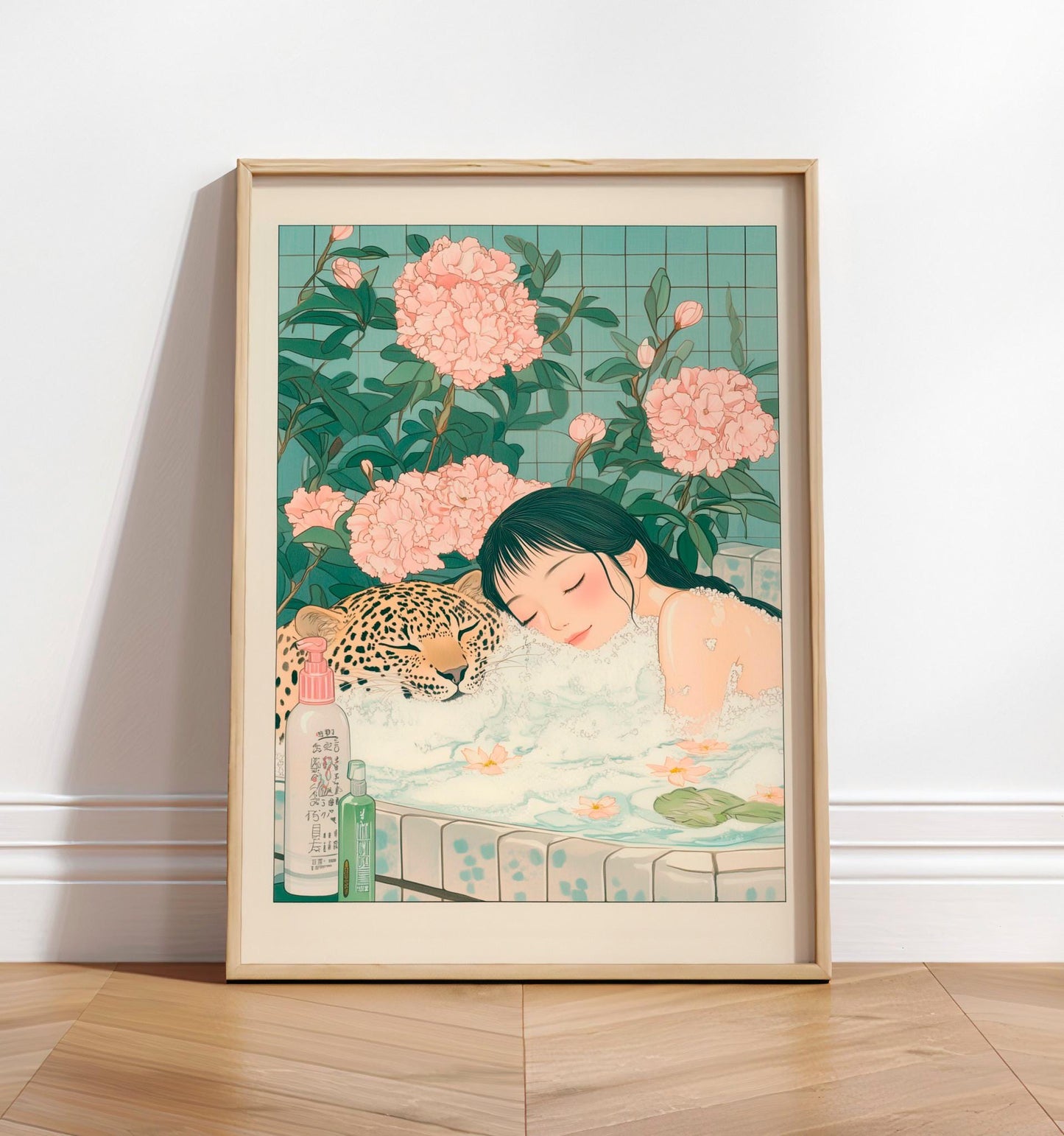 Ukiyo-e Leopard Bath Art Print: Japandi Bathroom Wall Decor