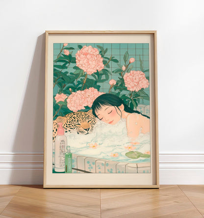 Ukiyo-e Leopard Bath Art Print: Japandi Bathroom Wall Decor