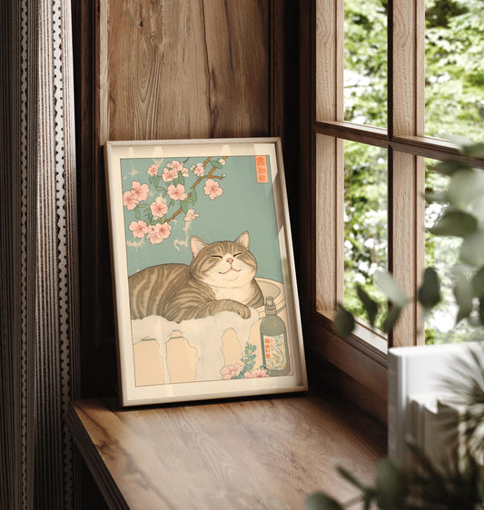 Japanese Ukiyo-e Cat Print: Tabby Cat in Bathtub, Japandi Bathroom Art