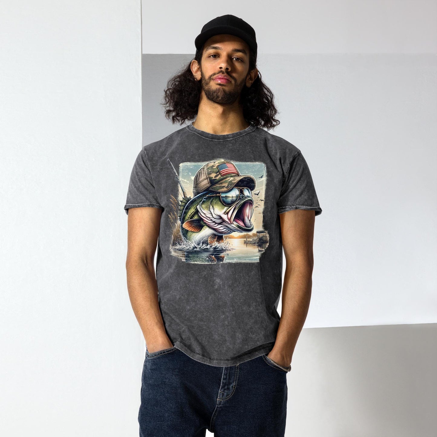 Fishing Bass T-Shirt | Vintage Dad Shirt | Old School Gift for Him | Angler Tshirt | Fisherman Tee Gifts | Denim Washed Shirt| Bassfishing