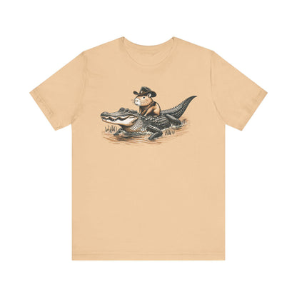 Funny Capybara Riding Alligator Shirt | Funny Animal T-shirt | Cute Reptile Tee | Humor Meme Shirts | Silly Gift Idea | Weird Hunting Tshirt