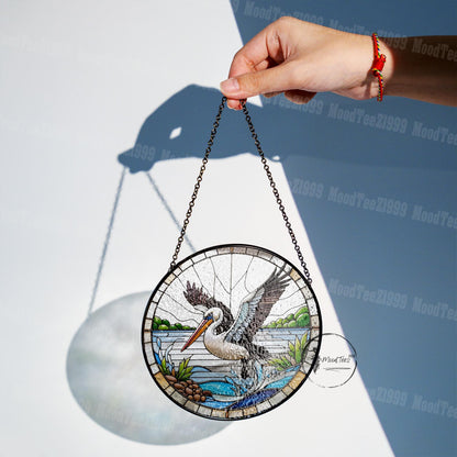 Pelican Glass Window Hanging - Beautiful Coastal Scene with Flying Pelican Design - Unique Nautical Home Decor