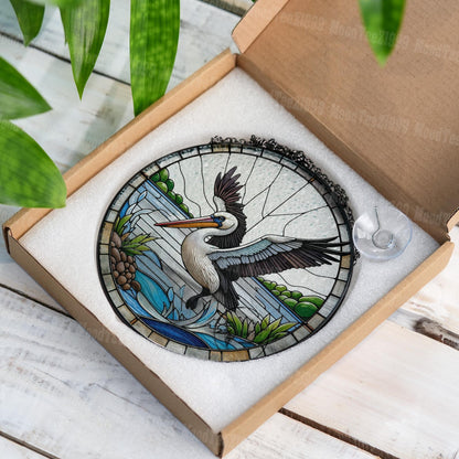 Pelican Glass Window Hanging - Beautiful Coastal Scene with Flying Pelican Design - Unique Nautical Home Decor