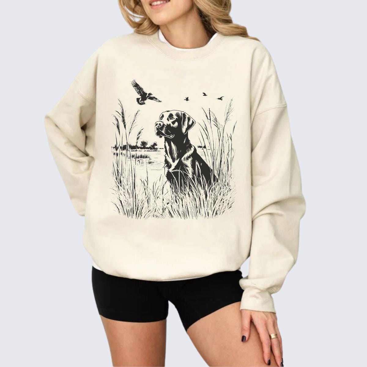 Black Labrador Retriever Nature Scene Sweatshirt, Retro Lab Sweater, Dog lover gift, Outdoor Nature Graphic, Unisex Duck Hunting Pullover