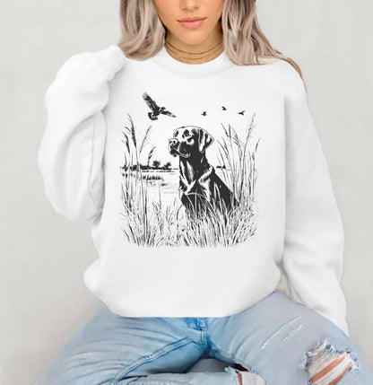 Black Labrador Retriever Nature Scene Sweatshirt, Retro Lab Sweater, Dog lover gift, Outdoor Nature Graphic, Unisex Duck Hunting Pullover