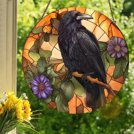 Autumn Raven: Stained Glass Style Window Hanging