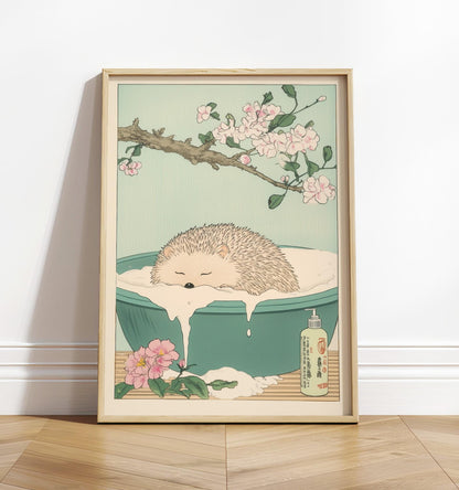 Hedgehog in Bathtub Print: Japanese Ukiyo-e Style Bathroom Art