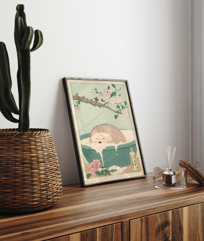 Hedgehog in Bathtub Print: Japanese Ukiyo-e Style Bathroom Art
