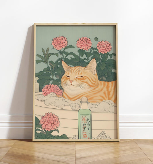Japanese Cat Print: Ginger Tabby in Bathroom