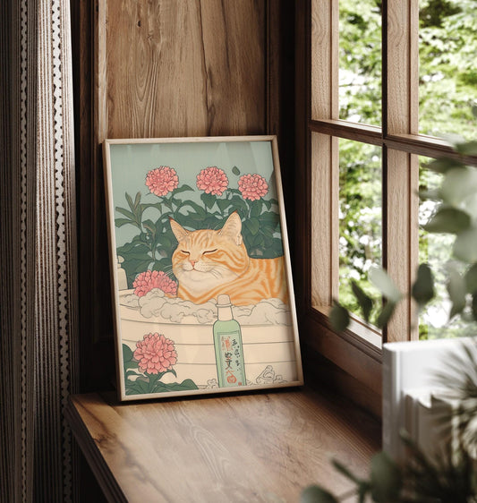 Japanese Cat Print: Ginger Tabby in Bathroom
