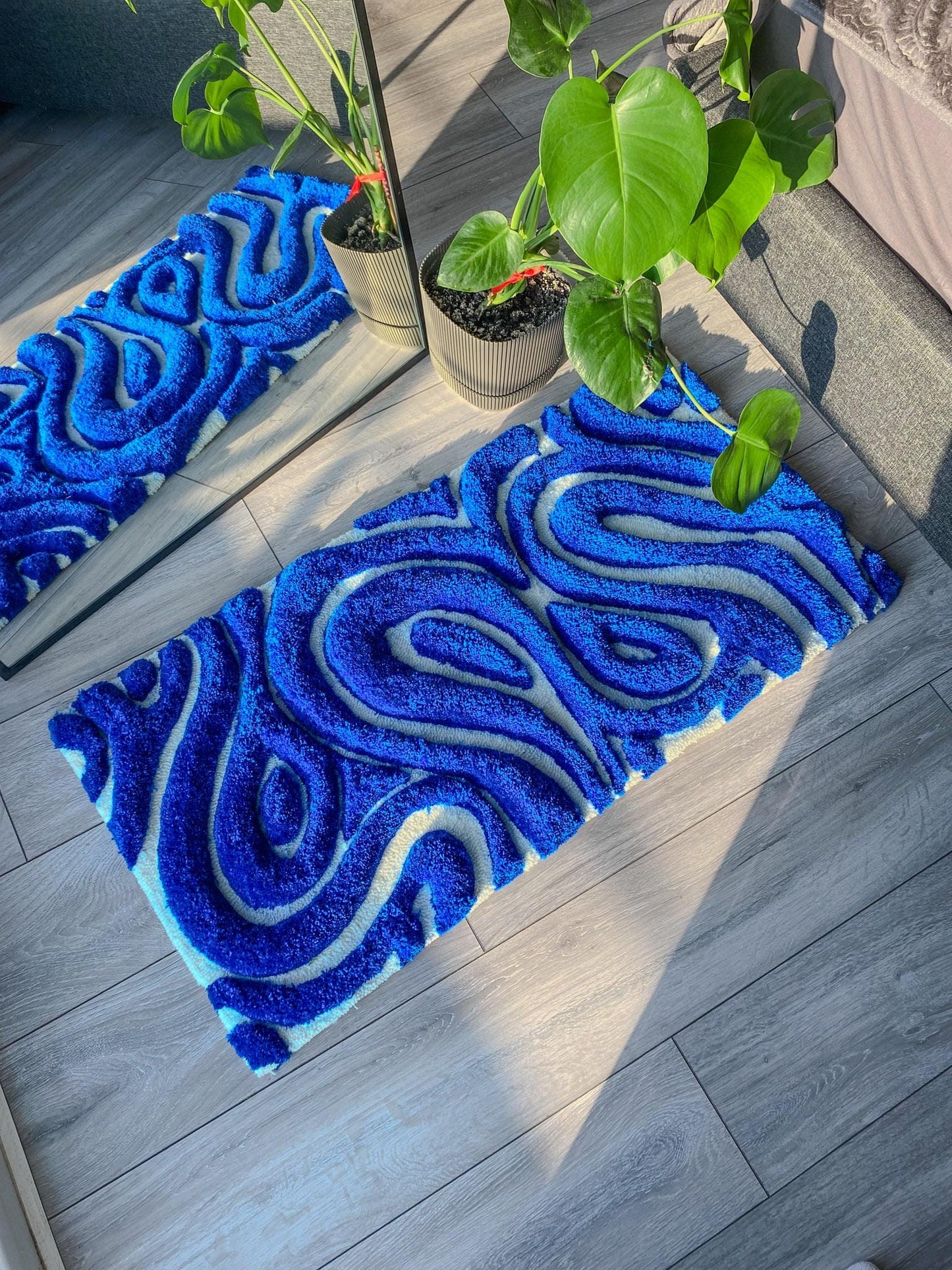 3D Navy Blue & White Abstract Tufted Rug Unique Abstract Art Rug Contemporary Home Decor, Handcrafted Area Rug, Textured Floor Rug