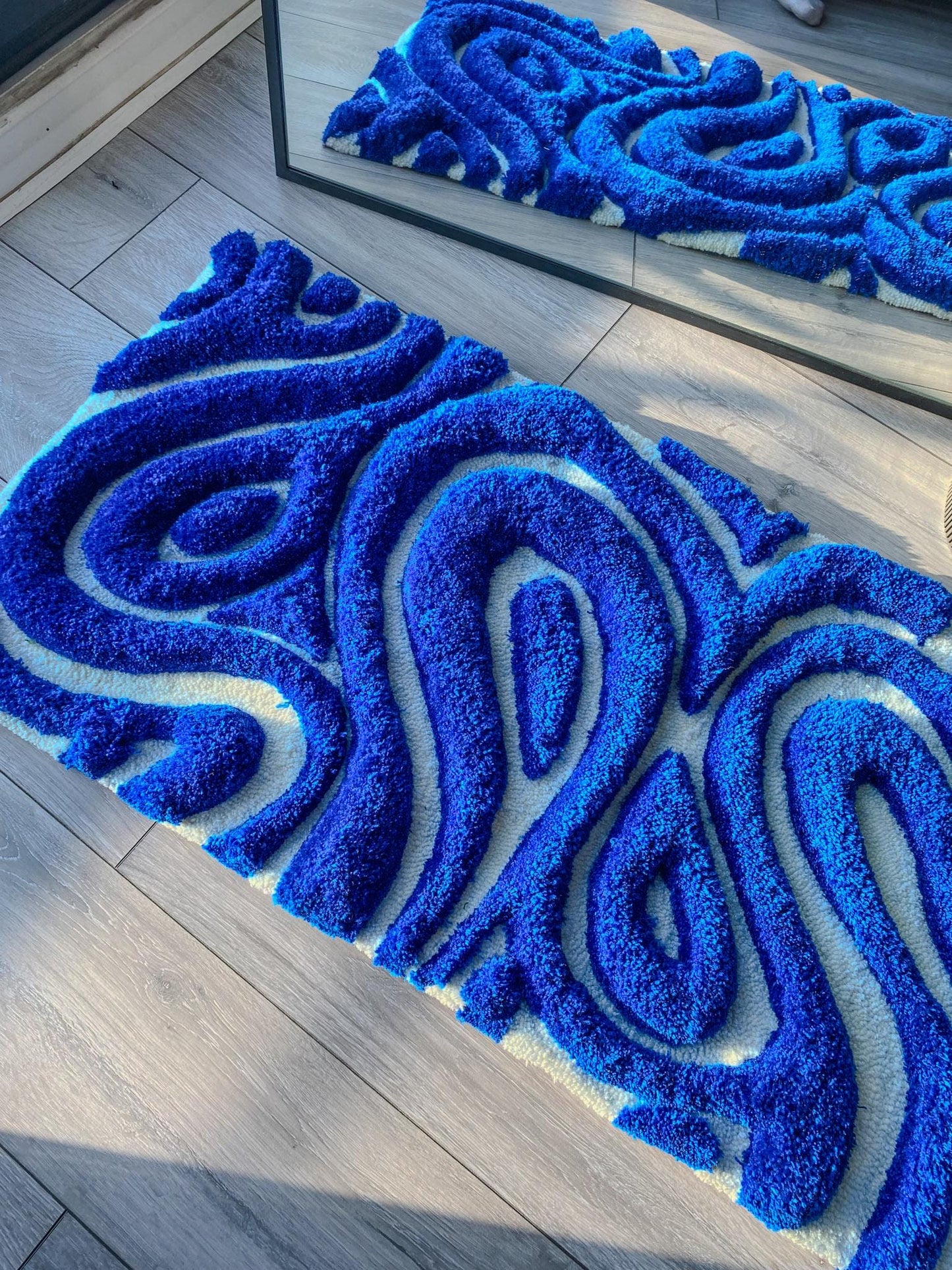 3D Navy Blue & White Abstract Tufted Rug Unique Abstract Art Rug Contemporary Home Decor, Handcrafted Area Rug, Textured Floor Rug