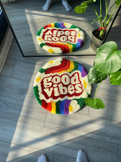 Retro 'Good Vibes' Texted Fluffy Handmade Tufted Rug